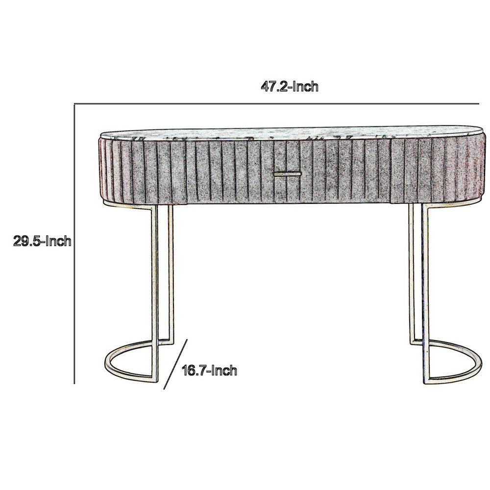 Benjara Jeah 47 Inch Console Table, 1 Drawer, Curved Gold Iron Base, Green Fabric