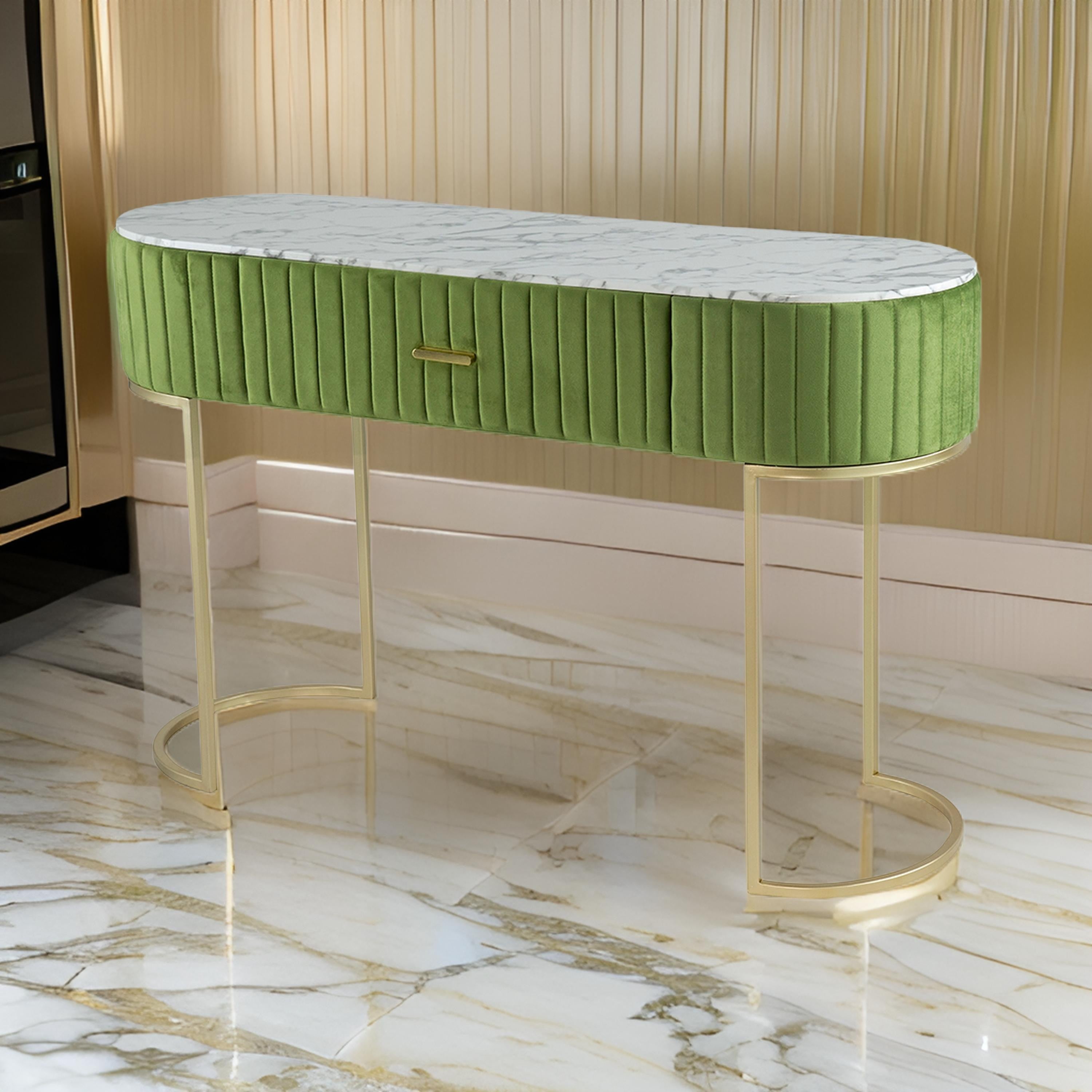 Benjara Jeah 47 Inch Console Table, 1 Drawer, Curved Gold Iron Base, Green Fabric