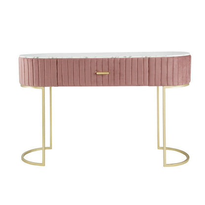 Benjara Jeah 47 Inch Console Table, 1 Drawer, Curved Gold Iron Base, Pink Fabric