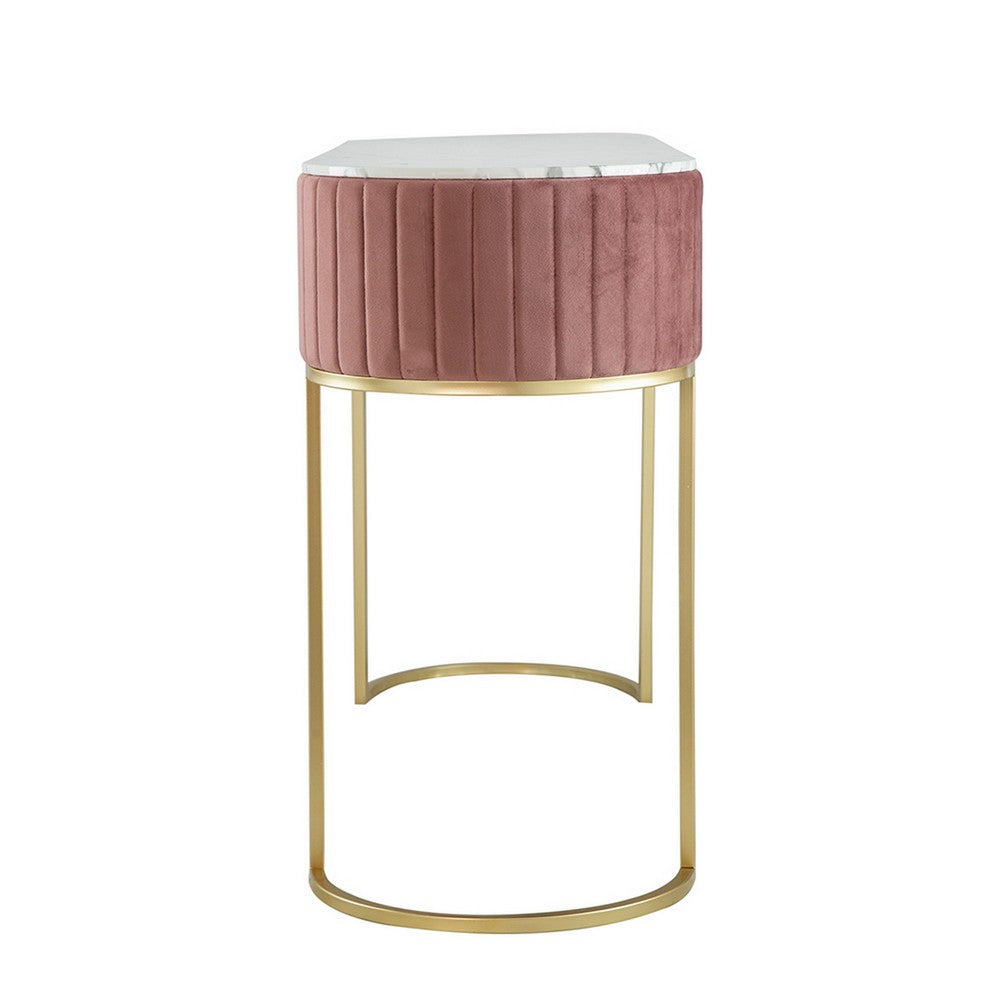 Benjara Jeah 47 Inch Console Table, 1 Drawer, Curved Gold Iron Base, Pink Fabric