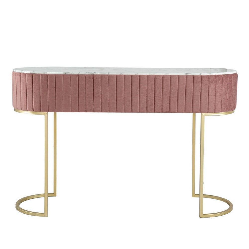 Benjara Jeah 47 Inch Console Table, 1 Drawer, Curved Gold Iron Base, Pink Fabric