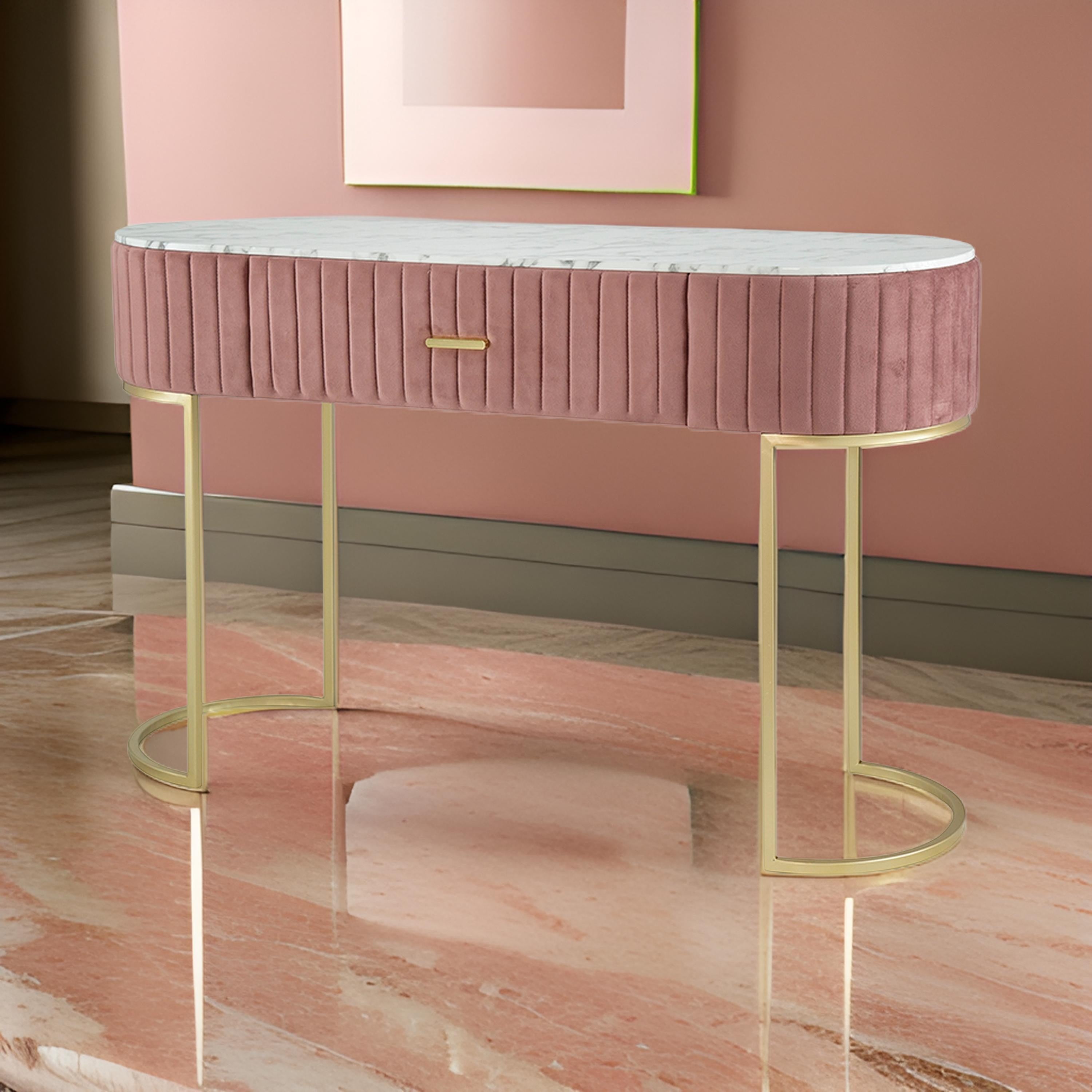 Benjara Jeah 47 Inch Console Table, 1 Drawer, Curved Gold Iron Base, Pink Fabric