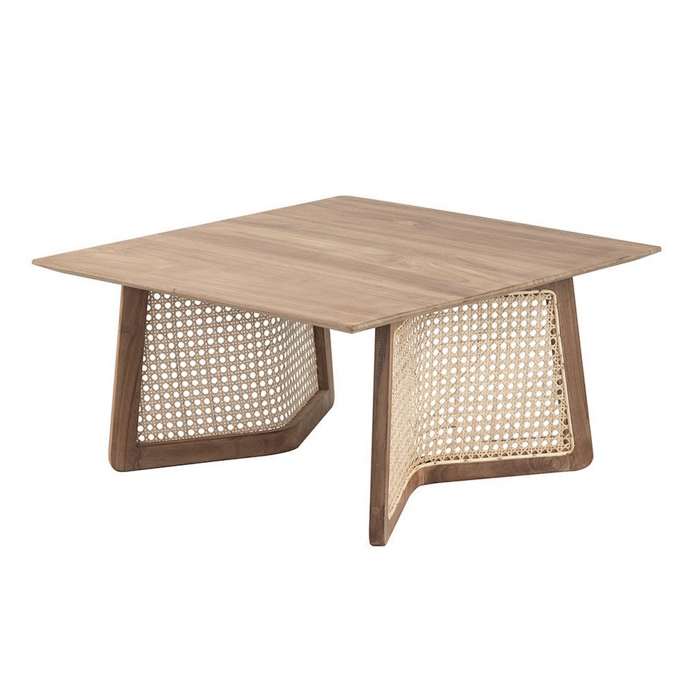 Benjara 28 Inch Coffee Table, Square Top, Rattan Cane Base, Teak Wood, Brown