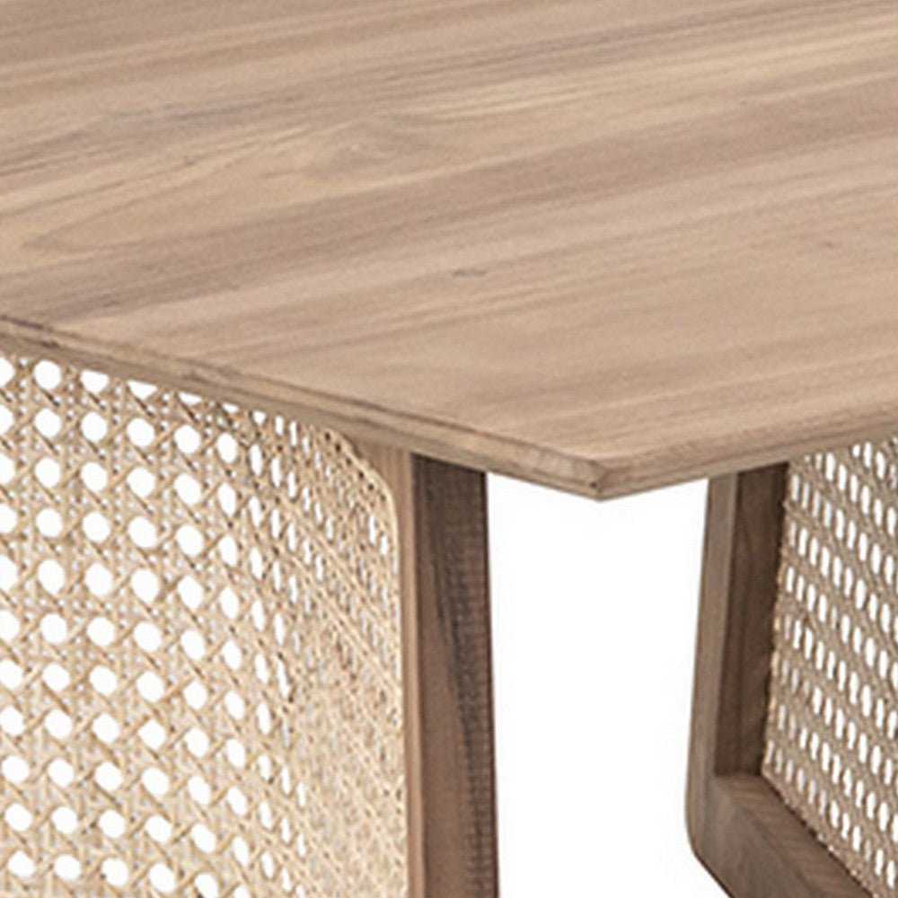 Benjara 28 Inch Coffee Table, Square Top, Rattan Cane Base, Teak Wood, Brown