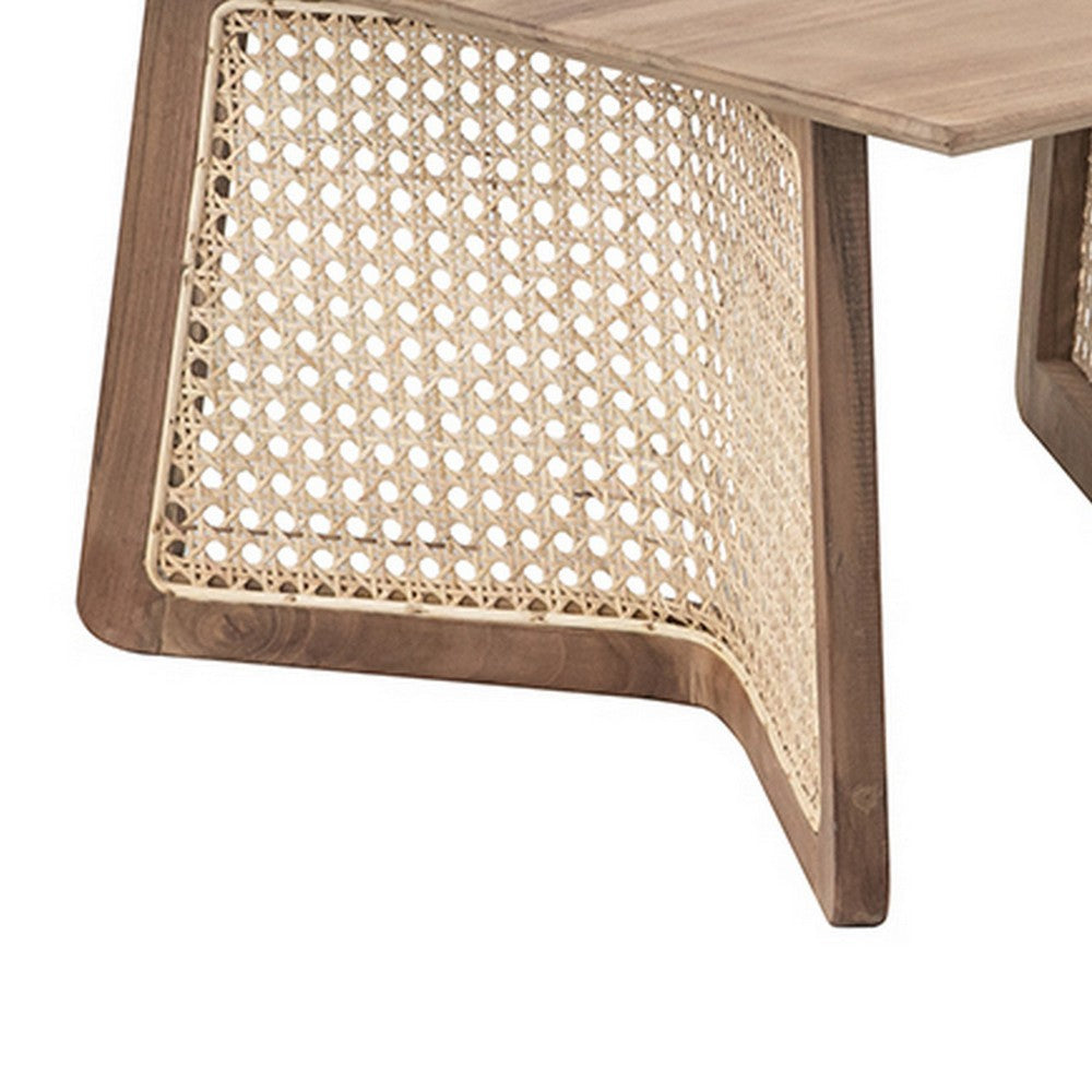 Benjara 28 Inch Coffee Table, Square Top, Rattan Cane Base, Teak Wood, Brown