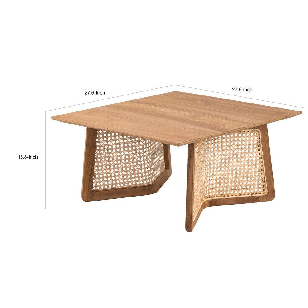 Benjara 28 Inch Coffee Table, Square Top, Rattan Cane Base, Teak Wood, Brown