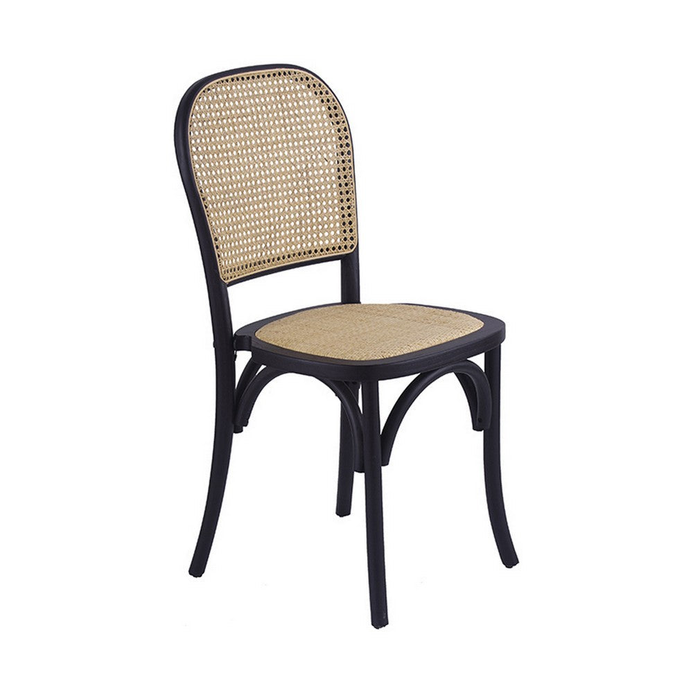 Benjara 38 Inch Dining Chairs Set of 2, Stackable, Woven Cane, Beech Wood, Black