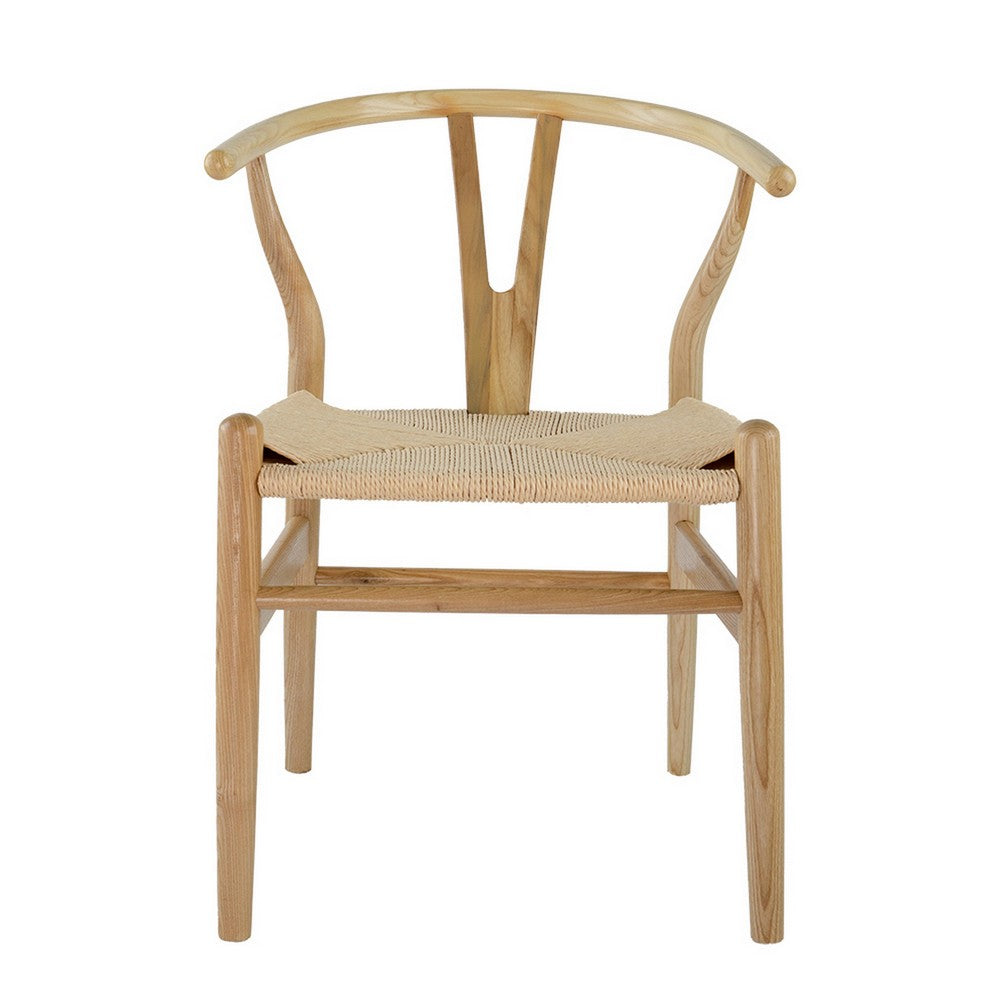 Benjara 44 Inch Accent Chair, Set of 2, Wishbone Shape, Woven Seat, Ash Wood, Brown