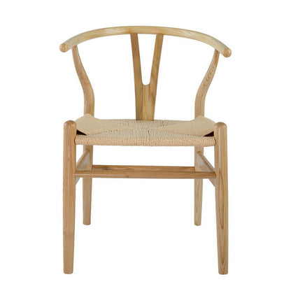 Benjara 44 Inch Accent Chair, Set of 2, Wishbone Shape, Woven Seat, Ash Wood, Brown