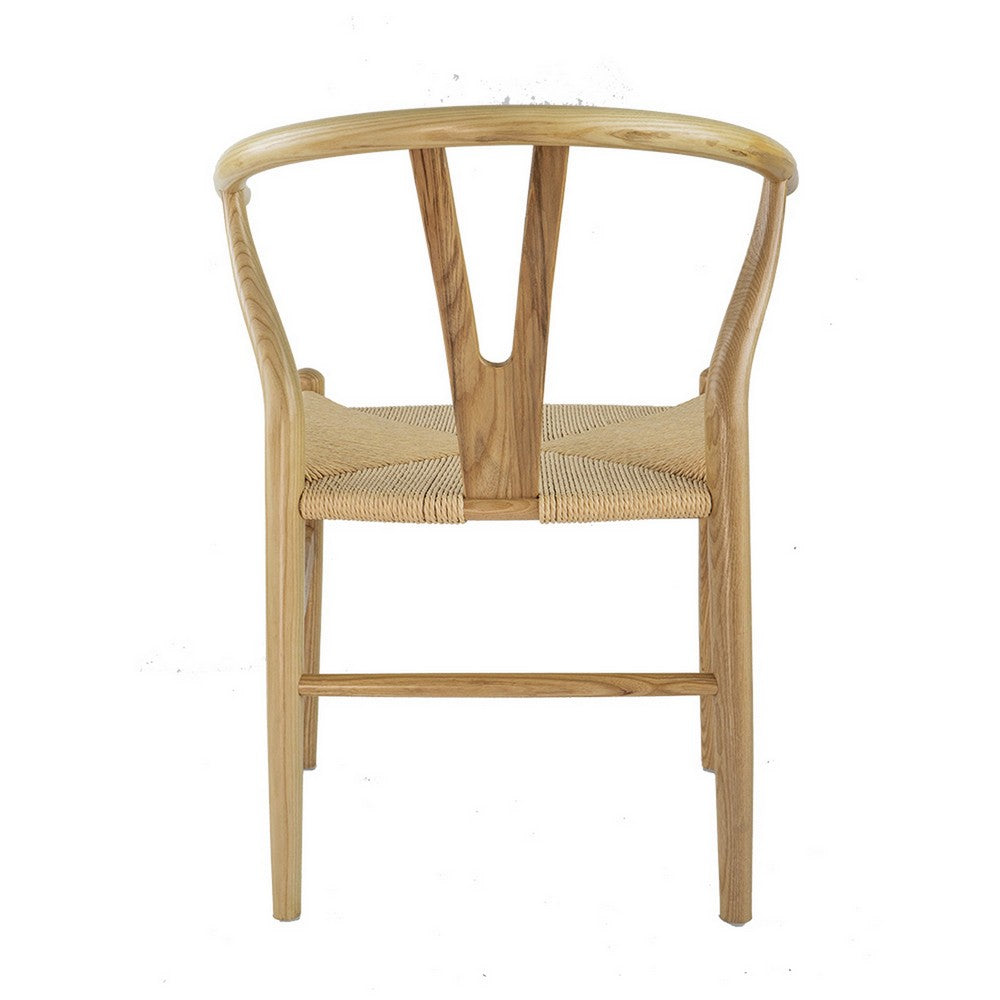 Benjara 44 Inch Accent Chair, Set of 2, Wishbone Shape, Woven Seat, Ash Wood, Brown