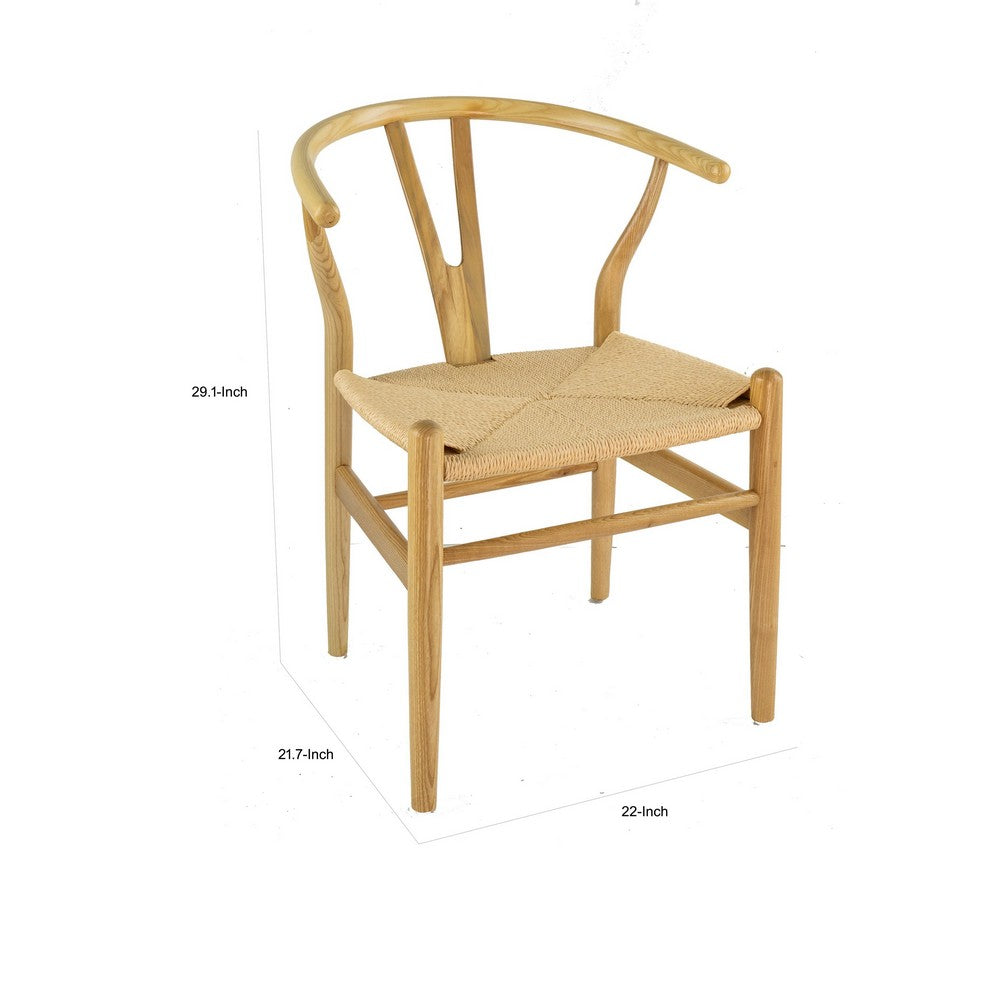 Benjara 44 Inch Accent Chair, Set of 2, Wishbone Shape, Woven Seat, Ash Wood, Brown