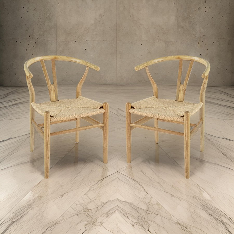Benjara 44 Inch Accent Chair, Set of 2, Wishbone Shape, Woven Seat, Ash Wood, Brown
