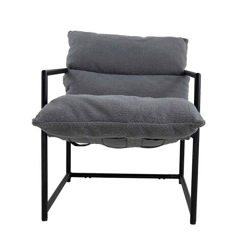 Benjara 26 Inch Accent Chair with Cushion, Black Iron, Light Gray Faux Leather