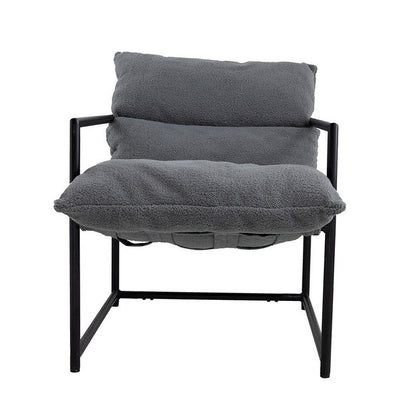 Benjara 26 Inch Accent Chair with Cushion, Black Iron, Light Gray Faux Leather