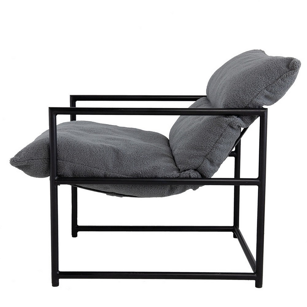 Benjara 26 Inch Accent Chair with Cushion, Black Iron, Light Gray Faux Leather