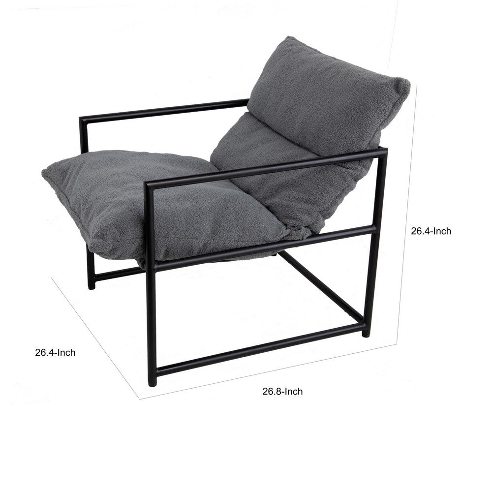 Benjara 26 Inch Accent Chair with Cushion, Black Iron, Light Gray Faux Leather