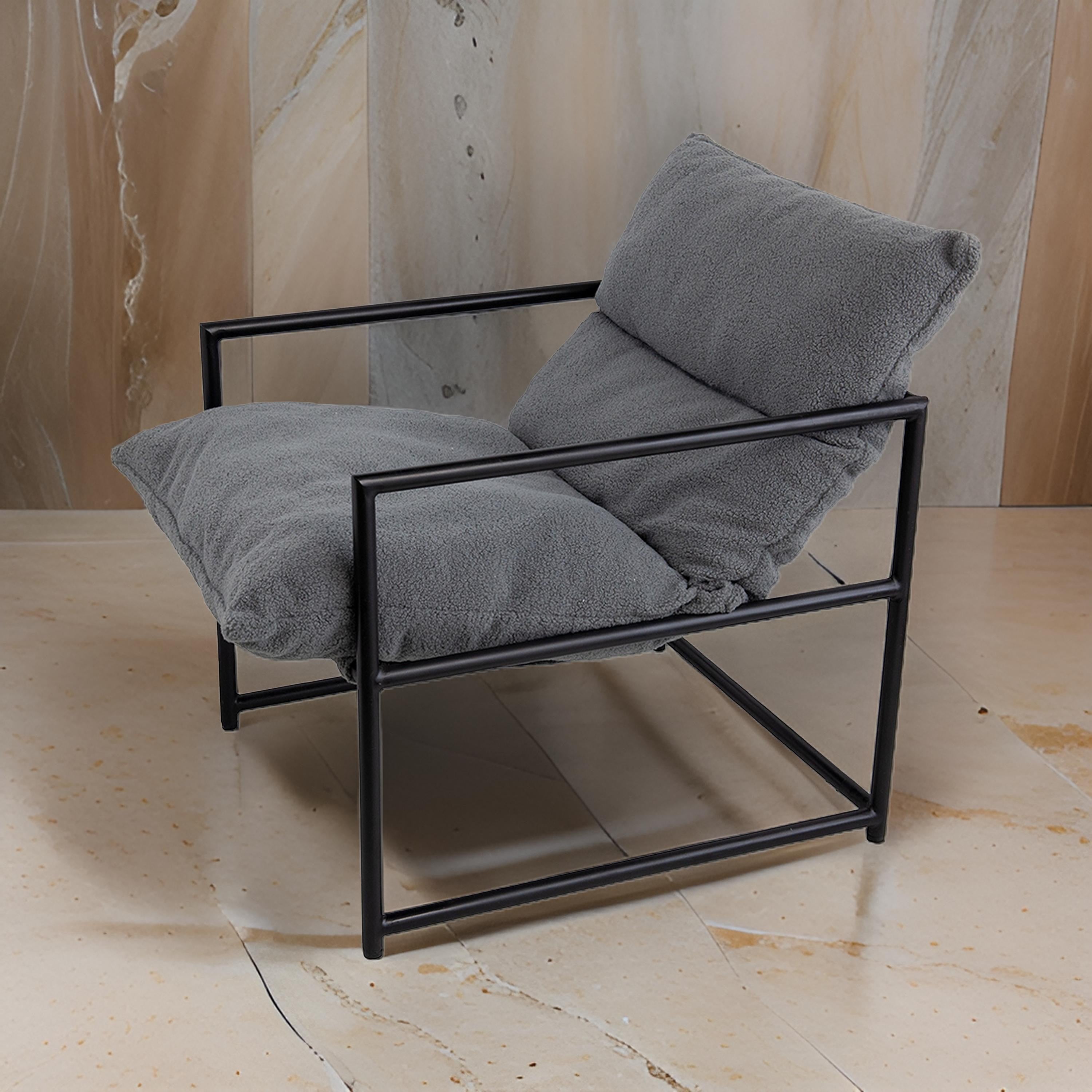 Benjara 26 Inch Accent Chair with Cushion, Black Iron, Light Gray Faux Leather