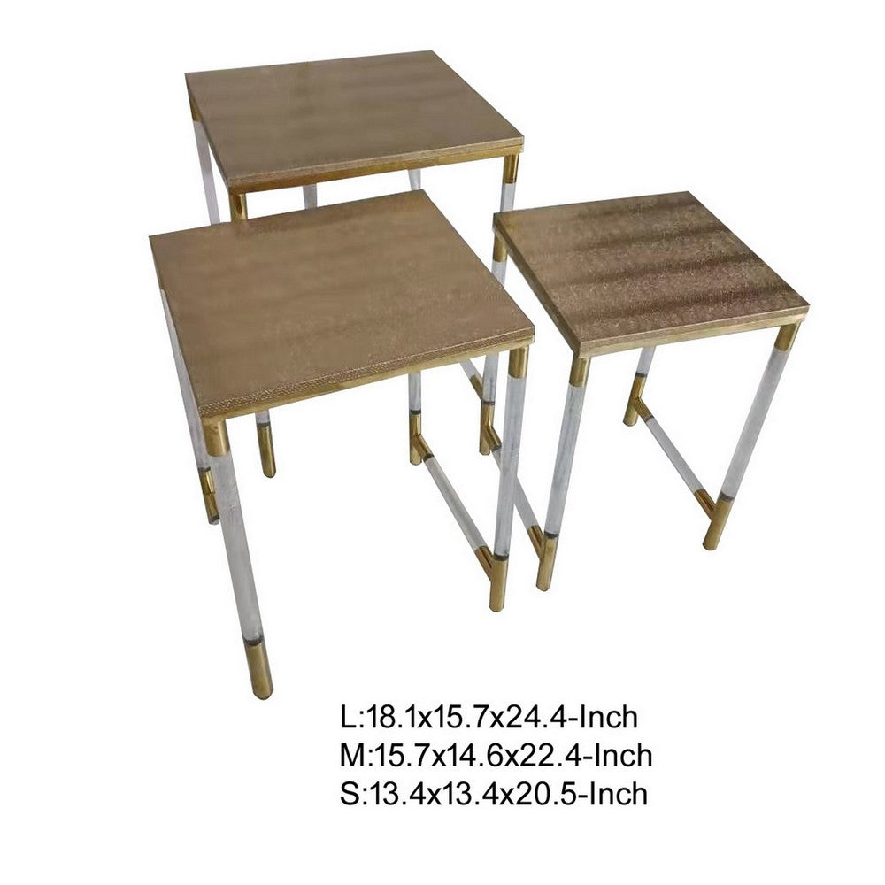 Benjara Set of 3 Nesting Side End Tables, Faux Leather Top, Clear Acrylic Legs