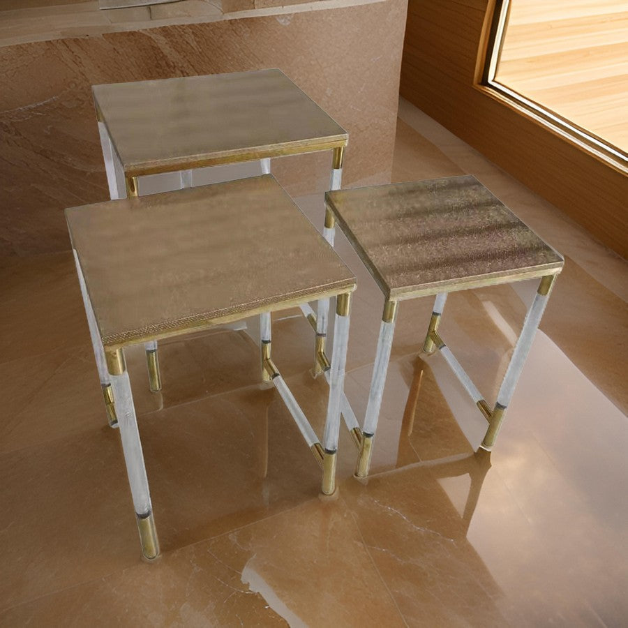 Benjara Set of 3 Nesting Side End Tables, Faux Leather Top, Clear Acrylic Legs