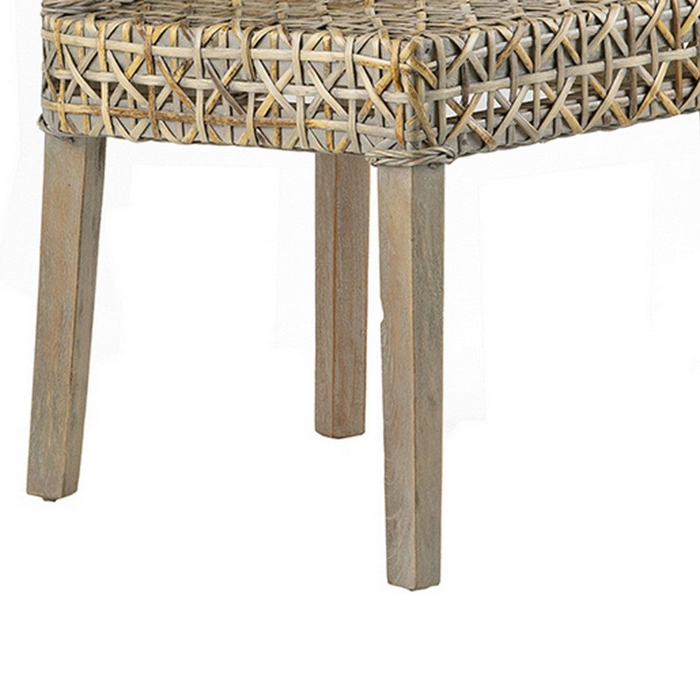 Benjara 22 Inch Side Dining Chair, Woven Rattan Backrest And Seat, Weathered Gray