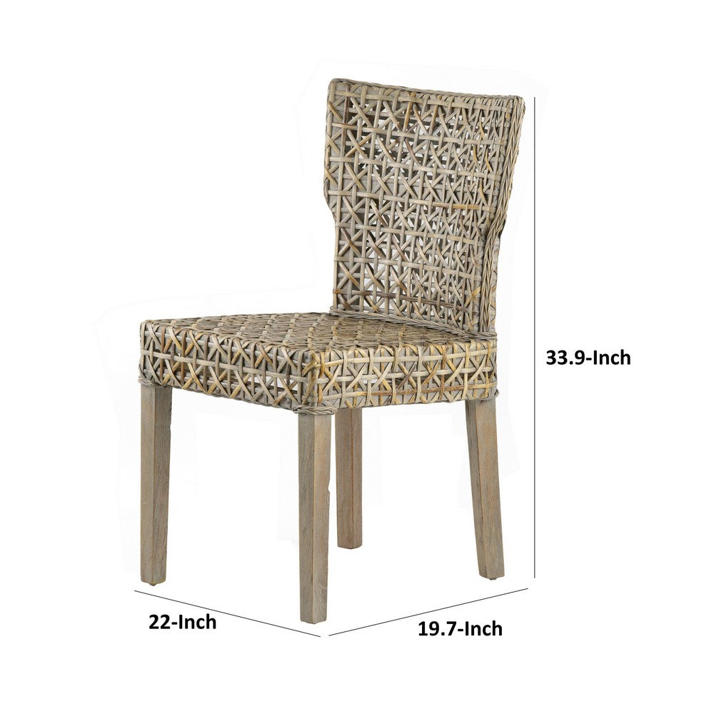 Benjara 22 Inch Side Dining Chair, Woven Rattan Backrest And Seat, Weathered Gray