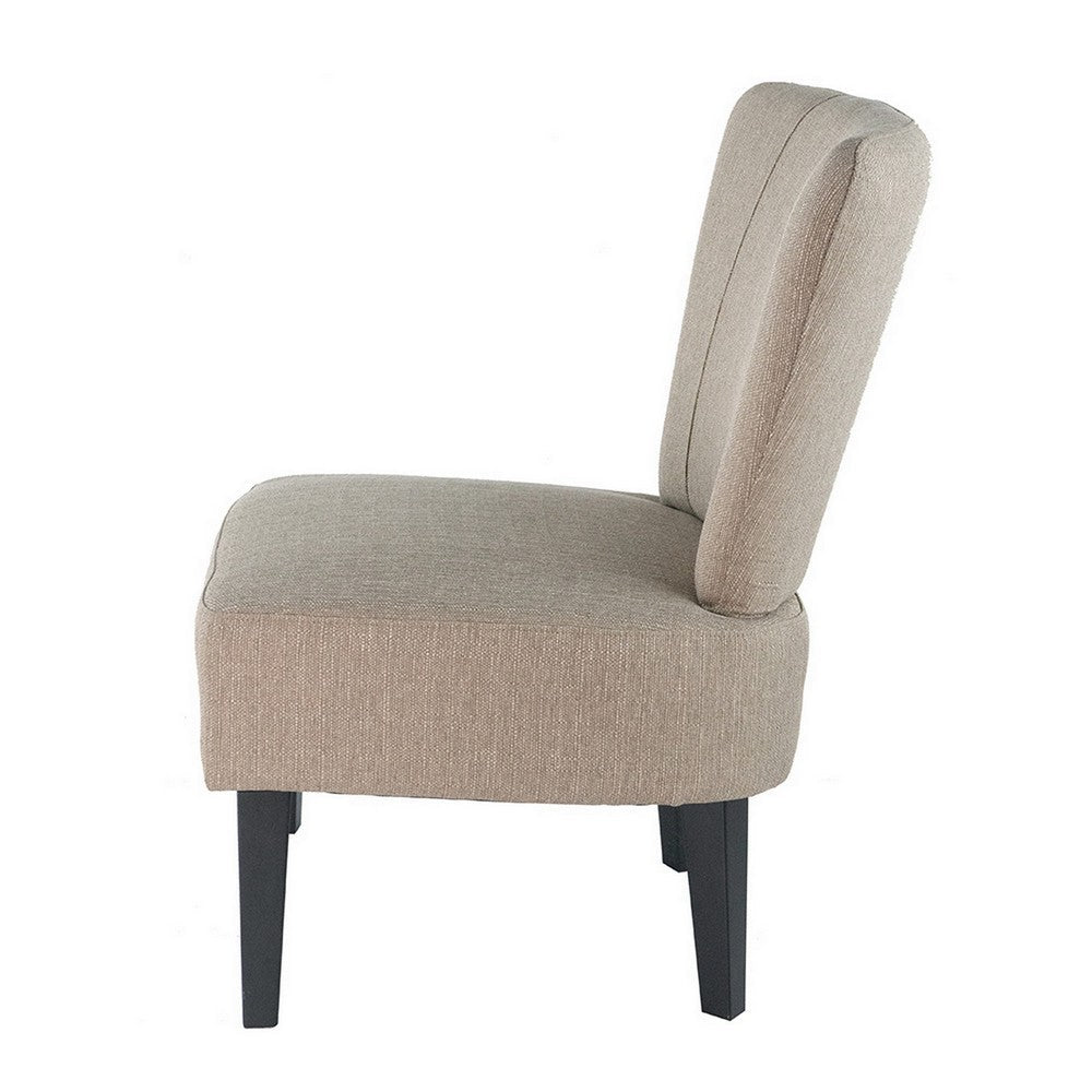 Benjara 28 Inch Accent Chair, Padded Back, Black Legs, Beige Fabric Upholstery
