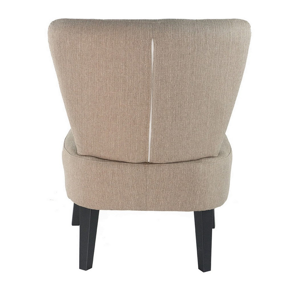 Benjara 28 Inch Accent Chair, Padded Back, Black Legs, Beige Fabric Upholstery