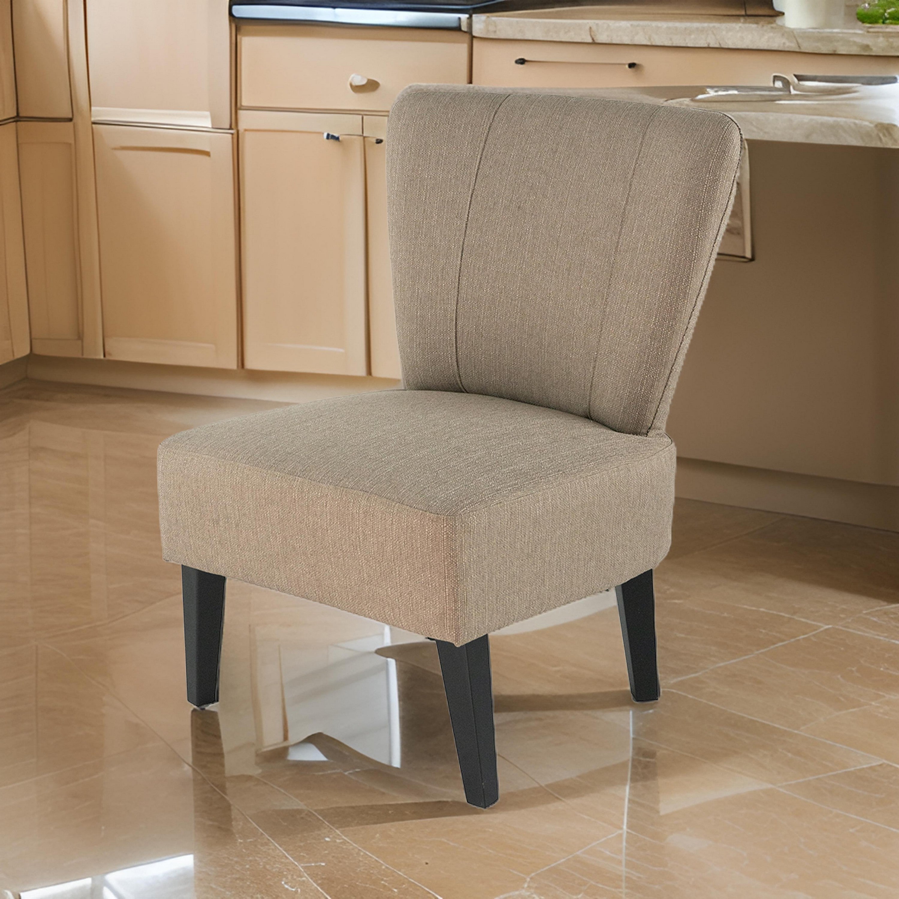 Benjara 28 Inch Accent Chair, Padded Back, Black Legs, Beige Fabric Upholstery