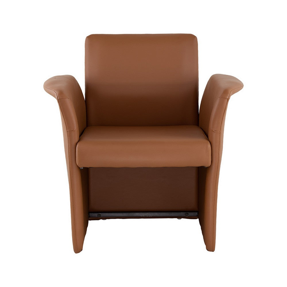 Benjara 32 Inch Accent Chair, Curved, Extended Back, Caramel Brown Faux Leather