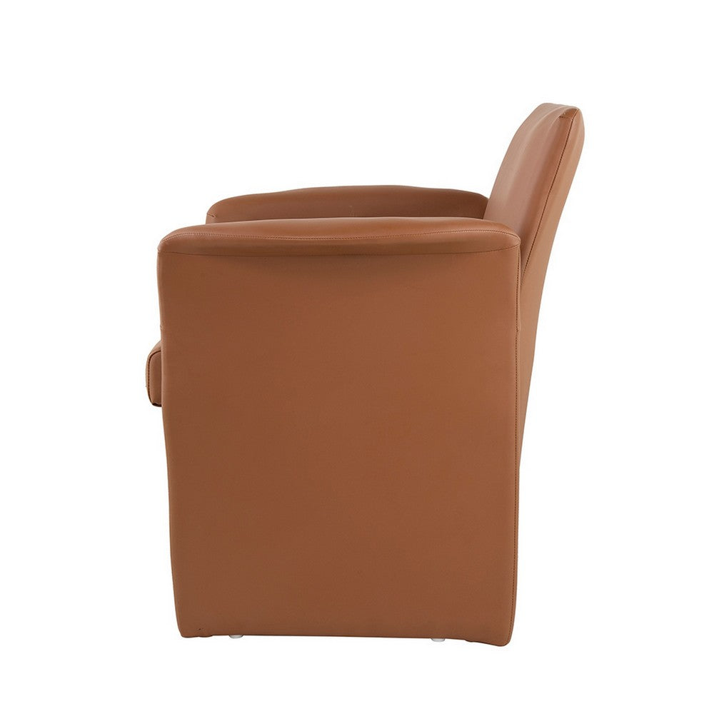Benjara 32 Inch Accent Chair, Curved, Extended Back, Caramel Brown Faux Leather