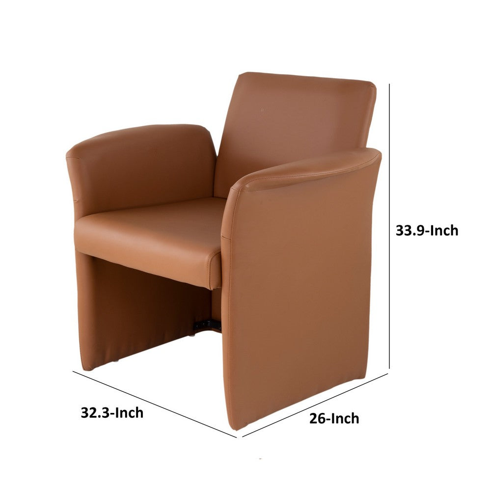 Benjara 32 Inch Accent Chair, Curved, Extended Back, Caramel Brown Faux Leather