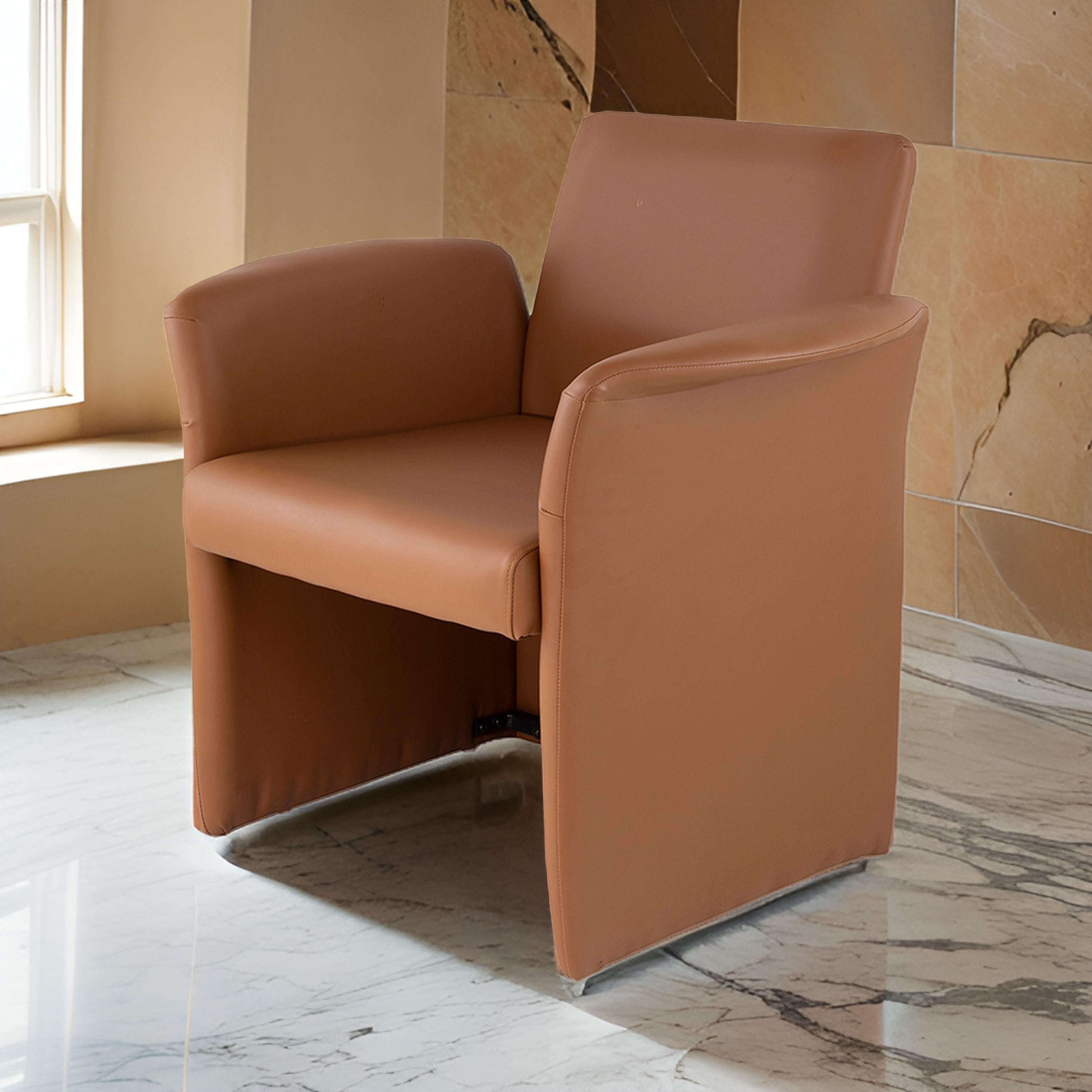 Benjara 32 Inch Accent Chair, Curved, Extended Back, Caramel Brown Faux Leather