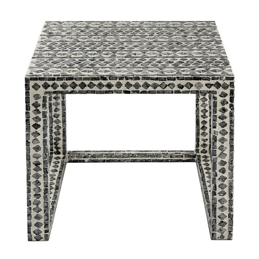 Benjara Set of 2 Nesting Side End Tables, Capiz Inlaid Design, Gray And White