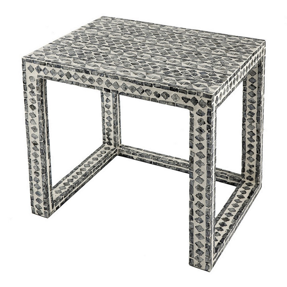 Benjara Set of 2 Nesting Side End Tables, Capiz Inlaid Design, Gray And White