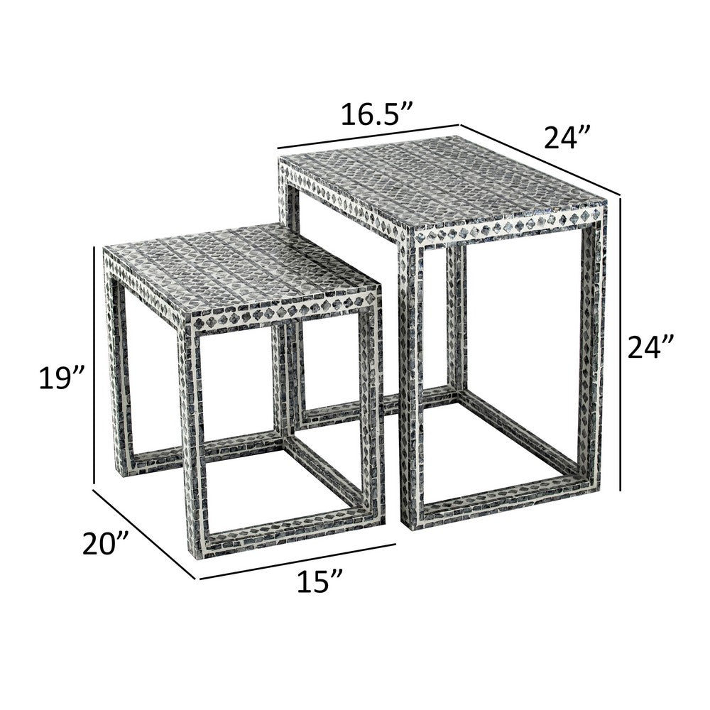 Benjara Set of 2 Nesting Side End Tables, Capiz Inlaid Design, Gray And White