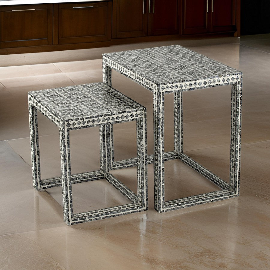 Benjara Set of 2 Nesting Side End Tables, Capiz Inlaid Design, Gray And White