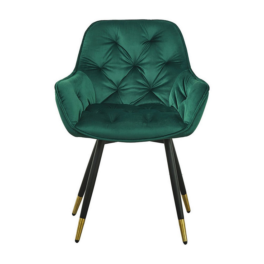 Benjara 25 Inch Accent Dining Chair, Curved Back, Gold, Green Velvet Upholstery