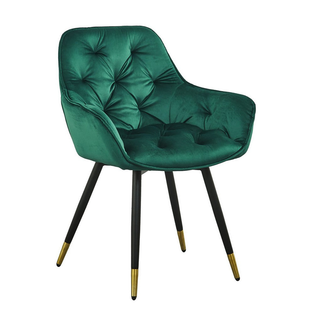 Benjara 25 Inch Accent Dining Chair, Curved Back, Gold, Green Velvet Upholstery
