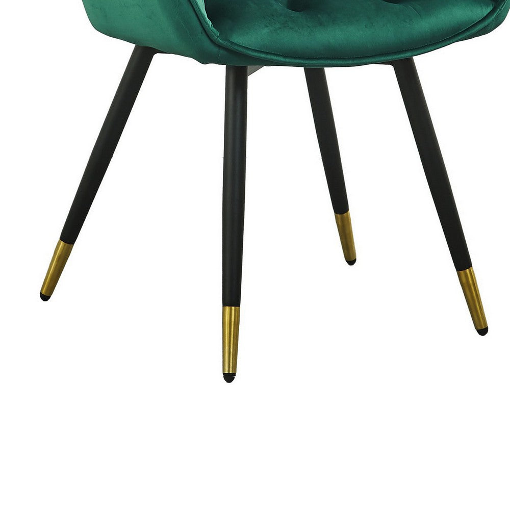 Benjara 25 Inch Accent Dining Chair, Curved Back, Gold, Green Velvet Upholstery