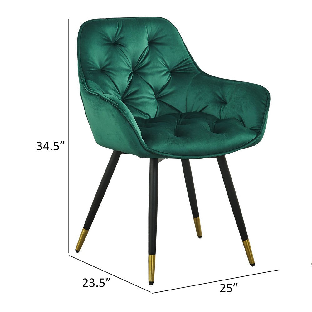 Benjara 25 Inch Accent Dining Chair, Curved Back, Gold, Green Velvet Upholstery