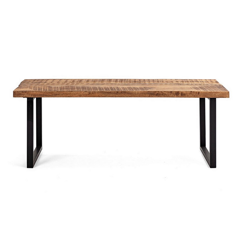 Benjara 52 Inch Side Dining Bench, Black Iron Base, Mango Wood, Natural Brown