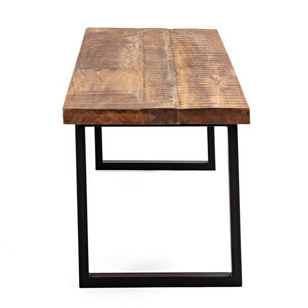 Benjara 52 Inch Side Dining Bench, Black Iron Base, Mango Wood, Natural Brown