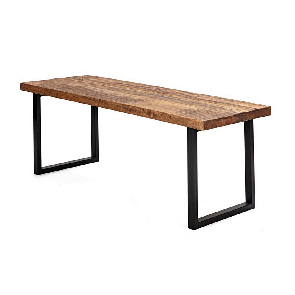 Benjara 52 Inch Side Dining Bench, Black Iron Base, Mango Wood, Natural Brown