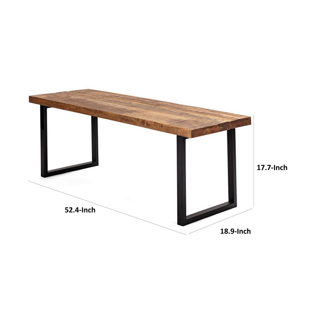 Benjara 52 Inch Side Dining Bench, Black Iron Base, Mango Wood, Natural Brown