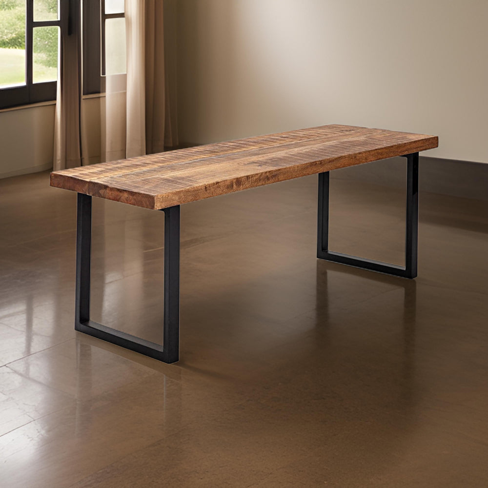 Benjara 52 Inch Side Dining Bench, Black Iron Base, Mango Wood, Natural Brown