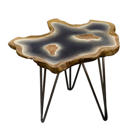 Benjara 20 Inch Side Accent Table, Natural Edges, Hairpin Legs, Gray Resin, Brown