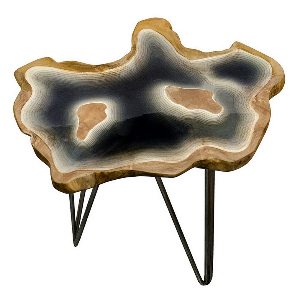 Benjara 20 Inch Side Accent Table, Natural Edges, Hairpin Legs, Gray Resin, Brown
