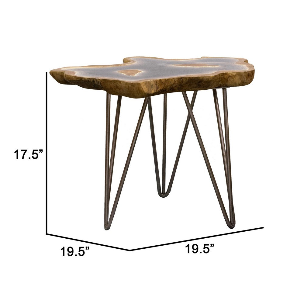Benjara 20 Inch Side Accent Table, Natural Edges, Hairpin Legs, Gray Resin, Brown