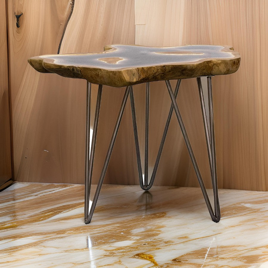 Benjara 20 Inch Side Accent Table, Natural Edges, Hairpin Legs, Gray Resin, Brown