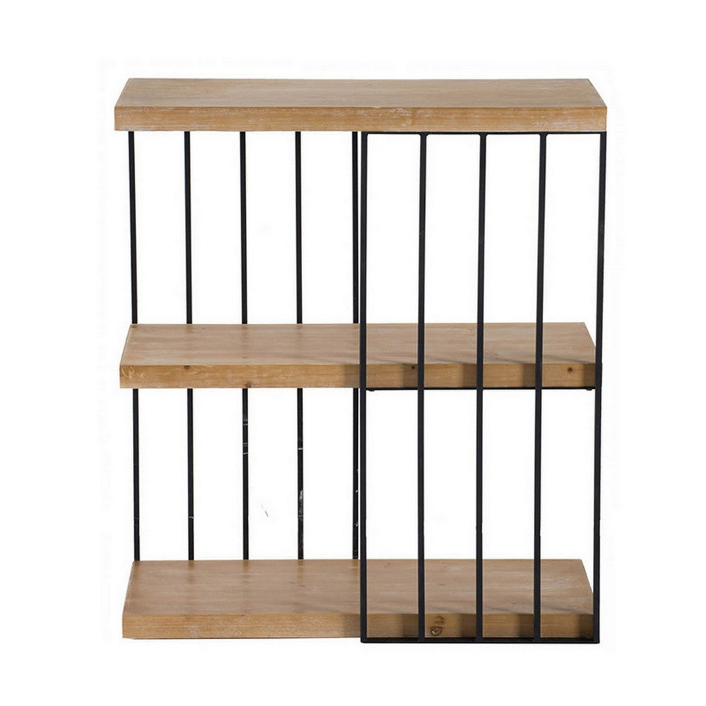 Benjara 35 Inch 3 Tier Decorative Display Shelves, Black Iron, Fir Wood, Brown